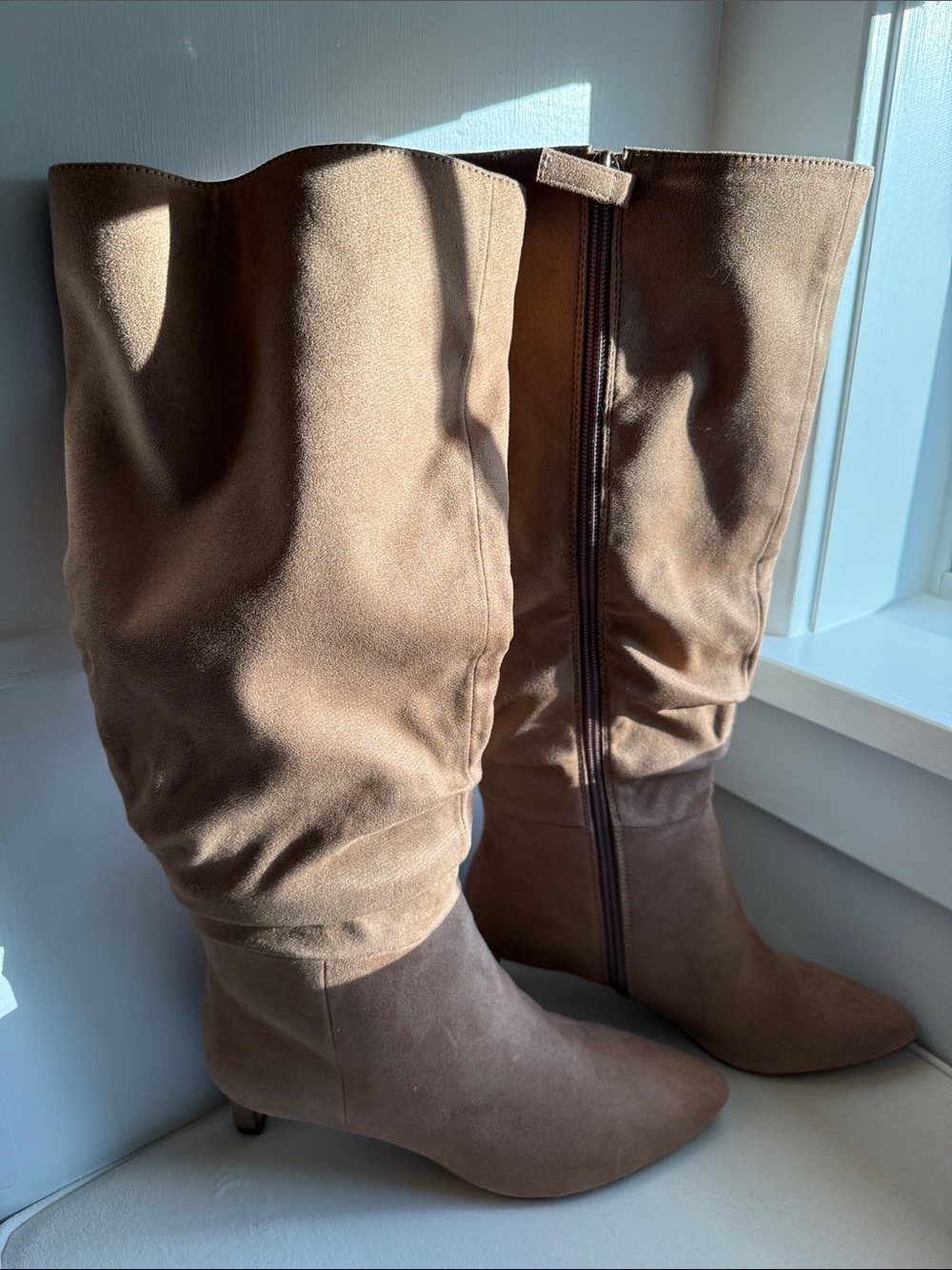 J. Crew Tan Knee-High Slouch Heeled Boots Size 8, 2” Heel Never Worn